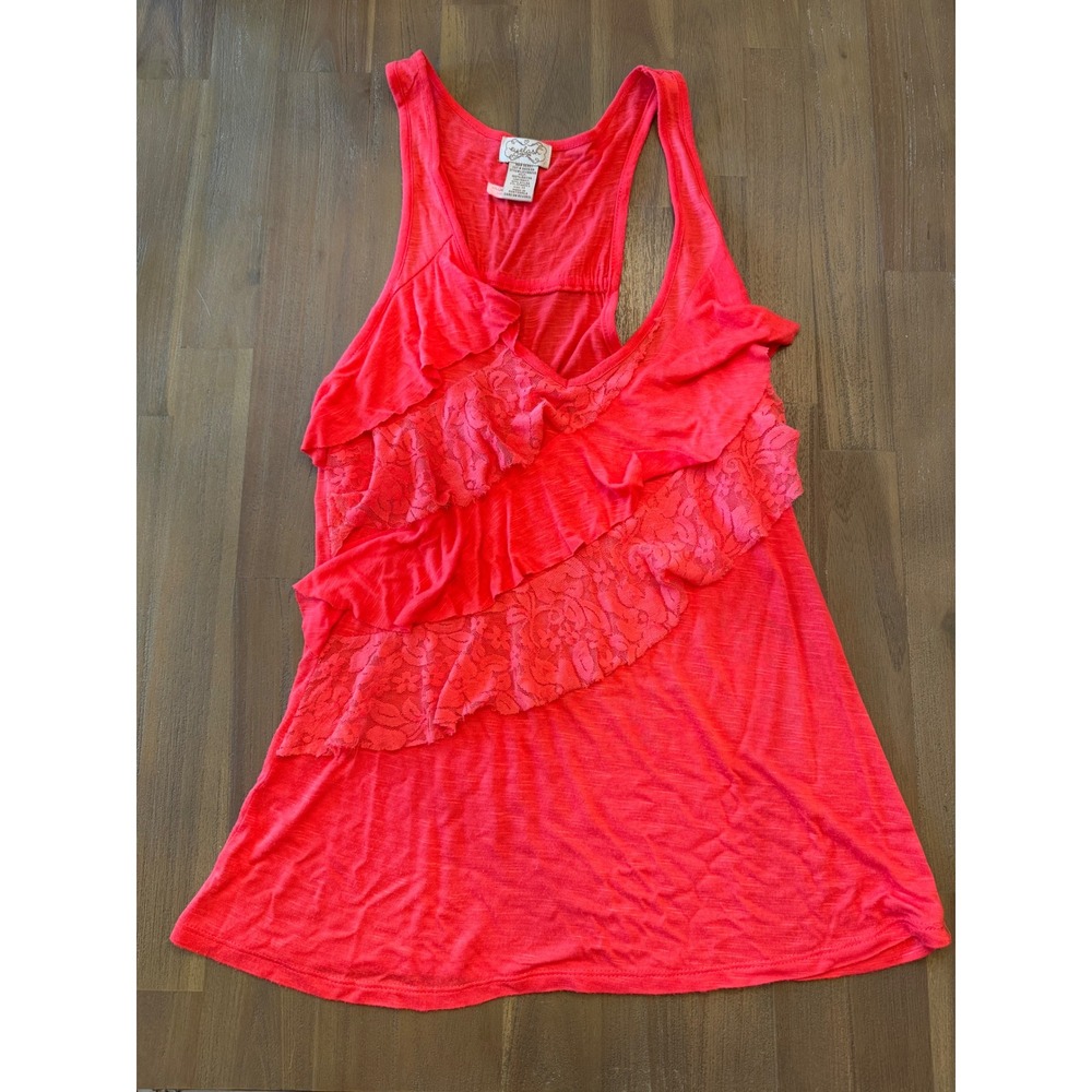 Eyelash Couture Womens Coral Pink Lace Tiered Ruffle Racerback Tank Top Size M